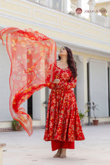 Zarika Floral Red Anarkali Suit Set with Digital Print Dupatta
