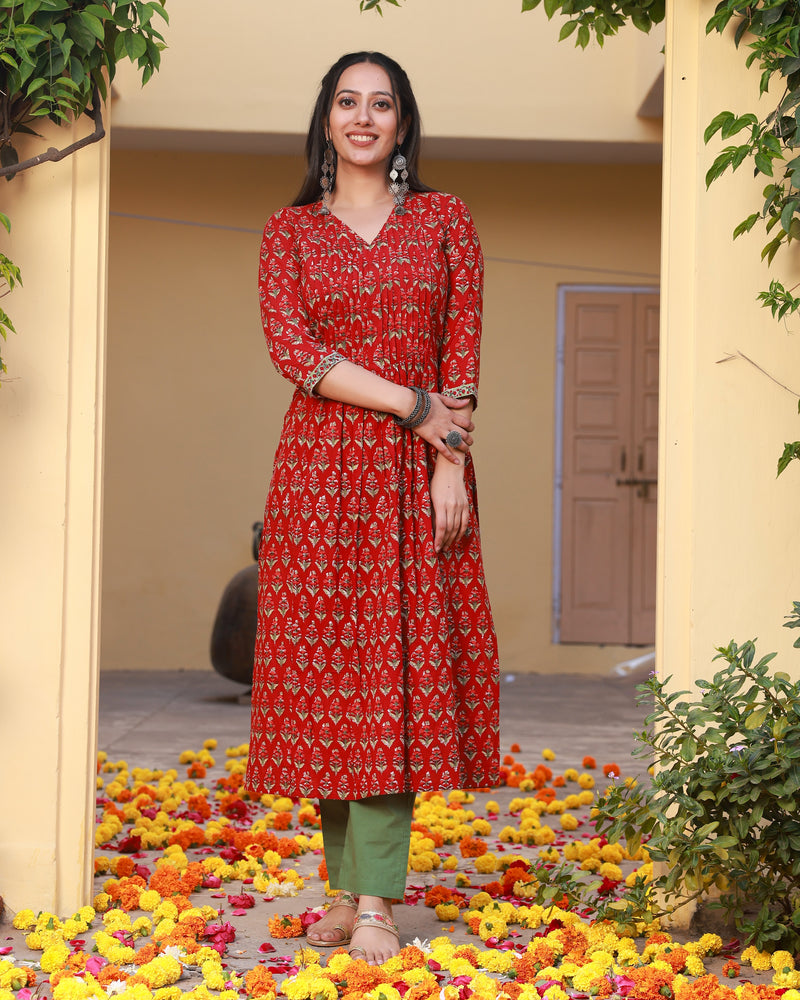 Razia Red Handblock Cotton Pleated Straight Kurta