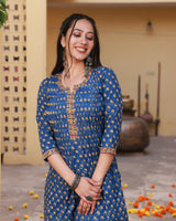 Badrah Blue Handblock Cotton Pleated Straight Suit Set with Kotadoriya Dupatta (Plus Size)