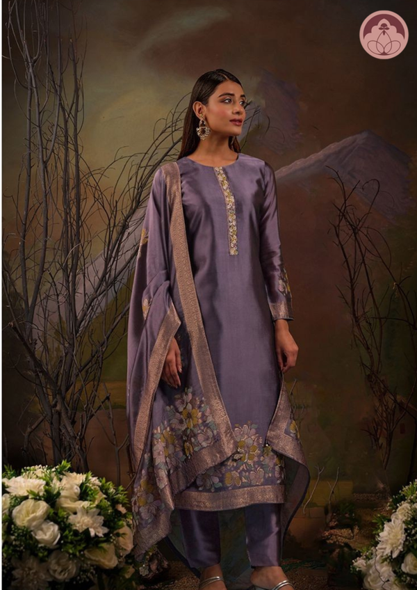 Gohar purple silk suit set with dupatta