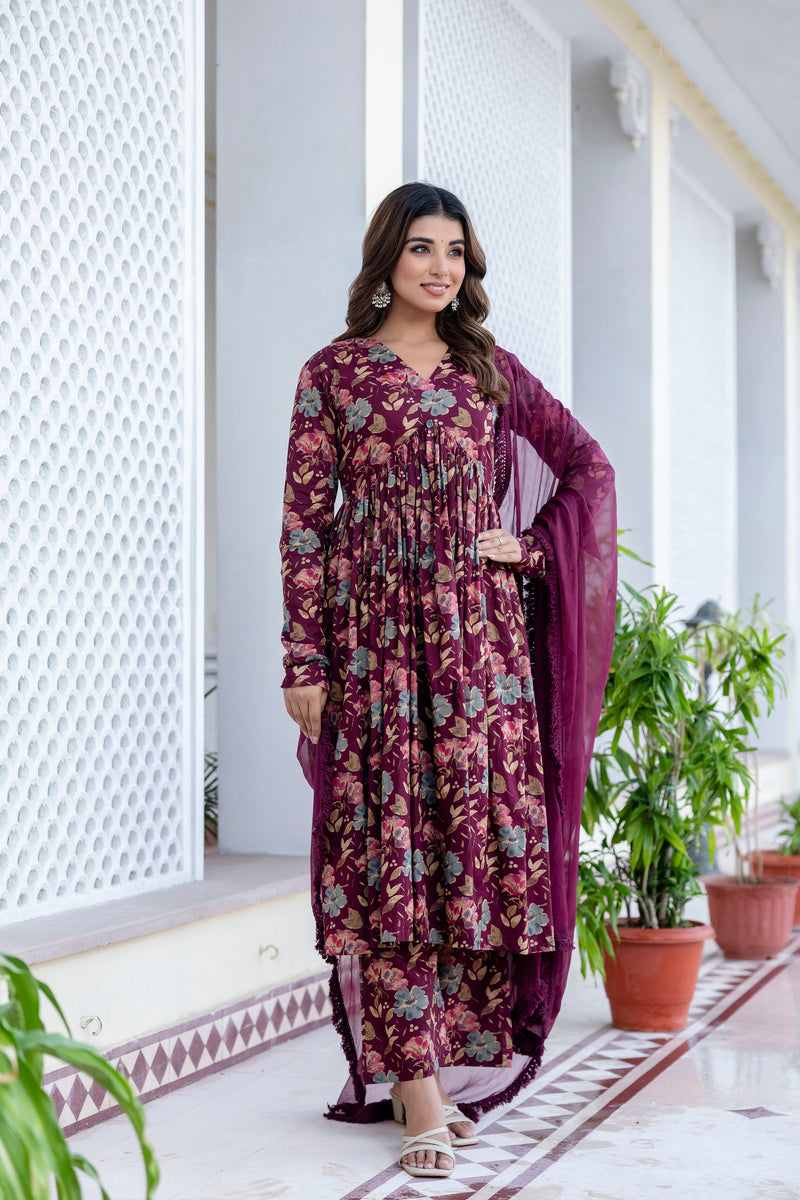 Berry Floral Black Cotton Suit Set With Chiffon Lace Work Dupatta