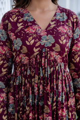 Berry Floral Black Cotton Suit Set With Chiffon Lace Work Dupatta