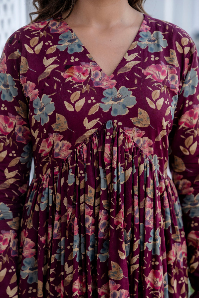 Berry Floral Black Cotton Suit Set With Chiffon Lace Work Dupatta