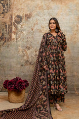 Rohini red printed cotton suit set with mul cotton dupatta