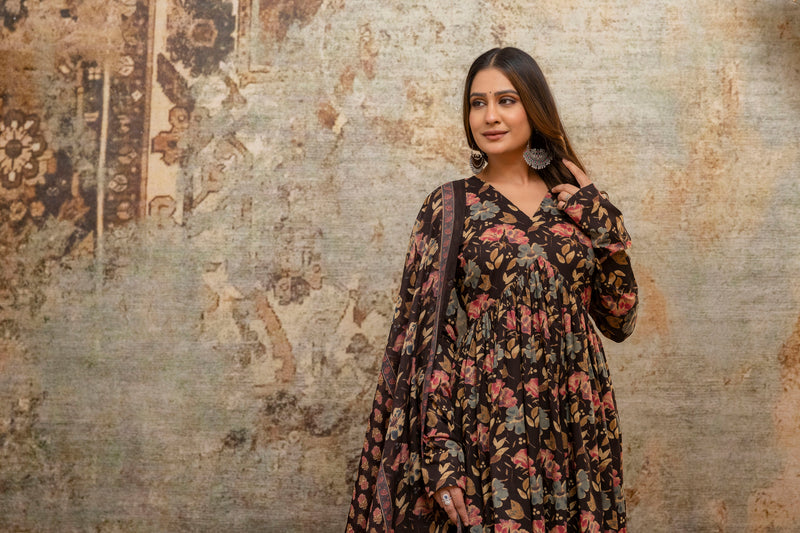 Rohini red printed cotton suit set with mul cotton dupatta