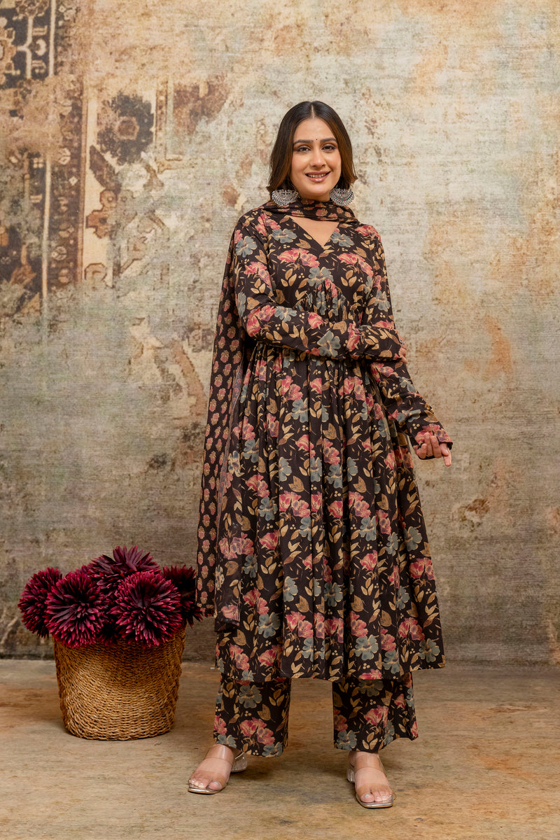 Rohini red printed cotton suit set with mul cotton dupatta