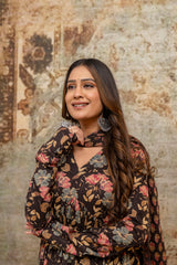 Rohini red printed cotton suit set with mul cotton dupatta