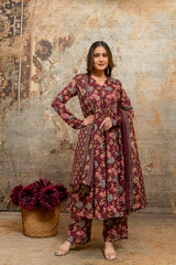 Rohini black printed cotton suit set with mul cotton dupatta