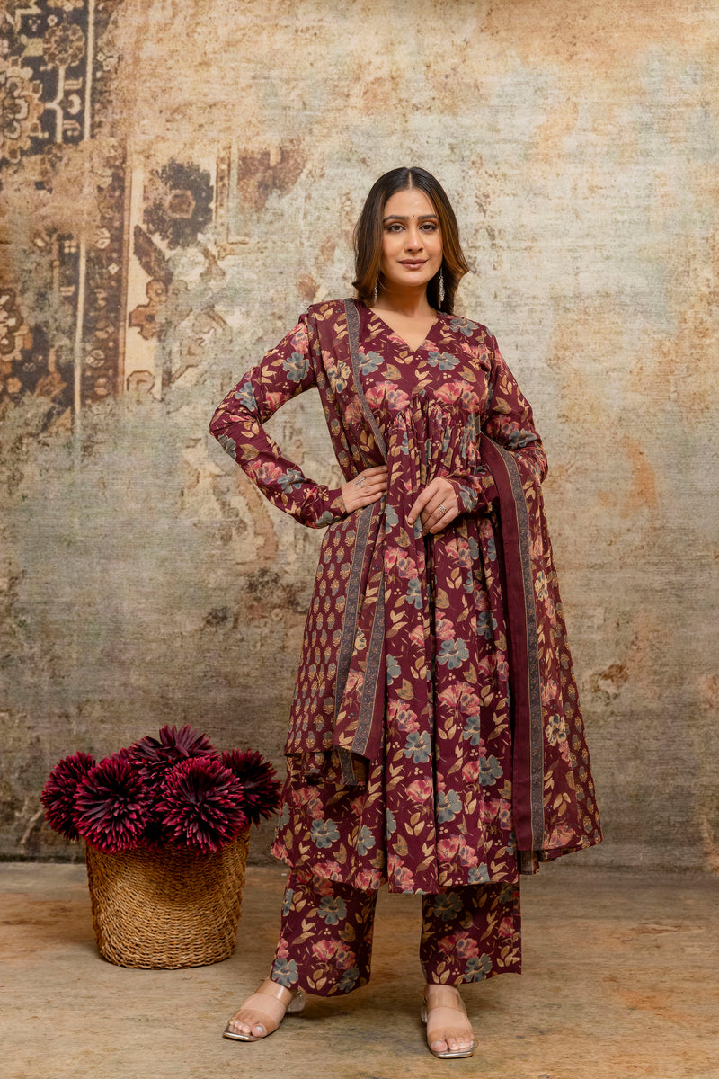 Rohini black printed cotton suit set with mul cotton dupatta