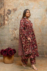 Rohini black printed cotton suit set with mul cotton dupatta