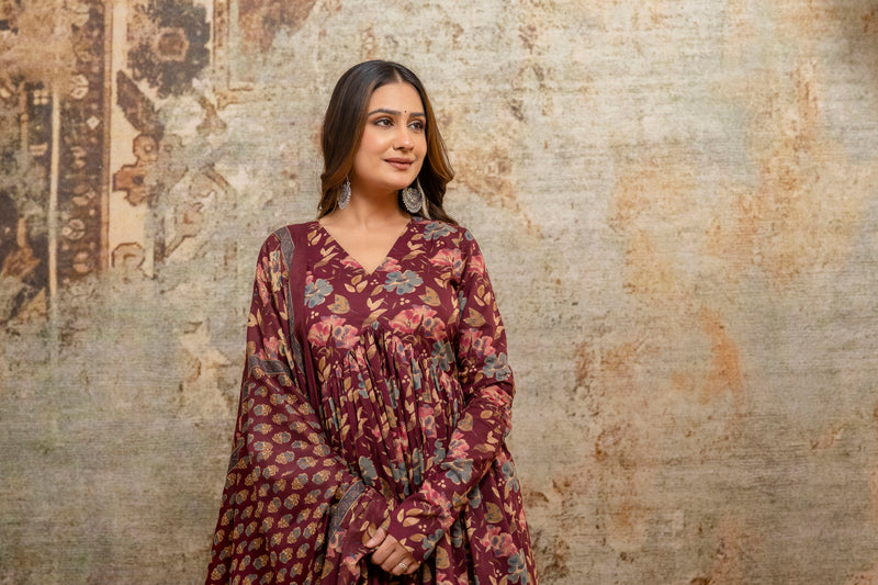 Rohini black printed cotton suit set with mul cotton dupatta