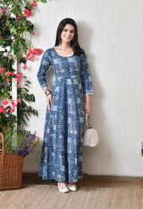 Aafreen Indigo Leher Mosaic Cotton Maxi Dress