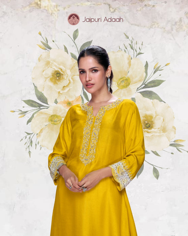 Gulnaar Mustard Silk Kurti with Delicate Moti Embroidery