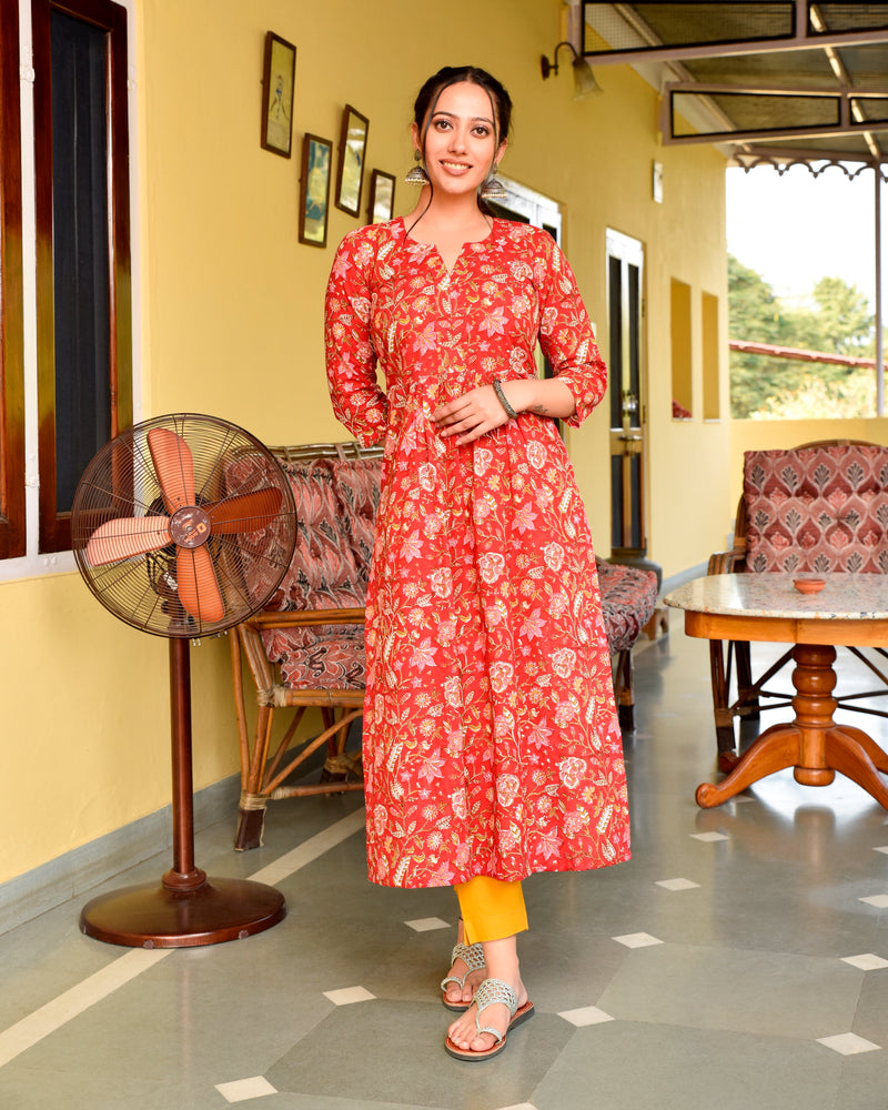 Ranu Red Handblock Cotton Straight Kurta