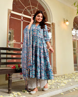 Begu Blue Floral Anarkali Suit Set