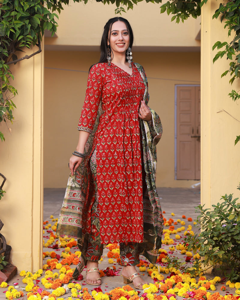 Razia Red Handblock Cotton Pleated Straight Suit Set