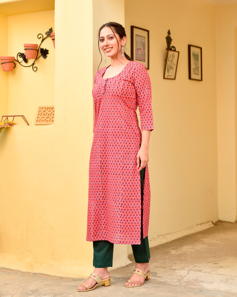 Parvin Pink Handblock Buti Print Cotton Straight Pleated Kurta