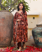 Bahni Brown Floral Print Angrakha Neck Anarkali Suit Set