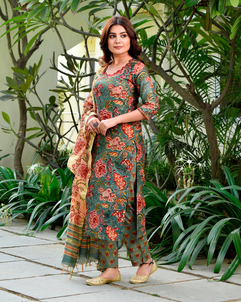 Gaeti Green Embroidery Handblock Chanderi Suit Set