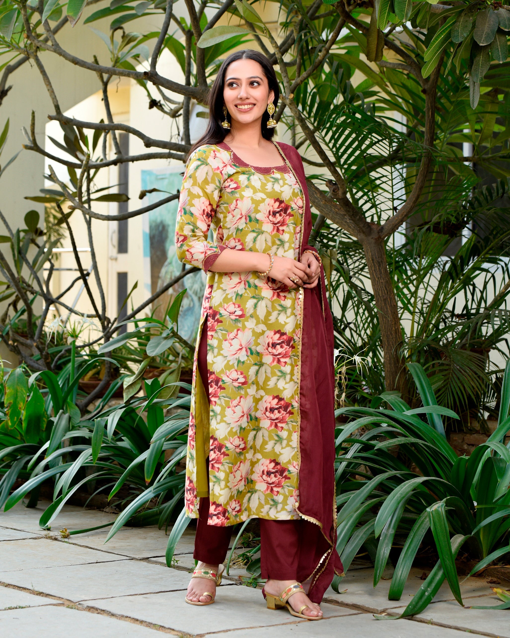 Olive Green Straight Kurta Set With Flared Pants & Printed Dupatta