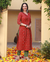 Razia Red Handblock Cotton Pleated Straight Kurta