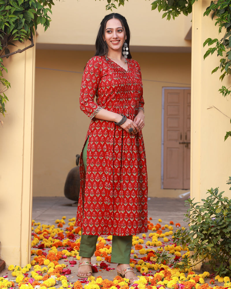 Razia Red Handblock Cotton Pleated Straight Kurta