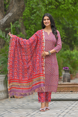 Khushi red handblock printed cotton suit set with chanderi dupatta