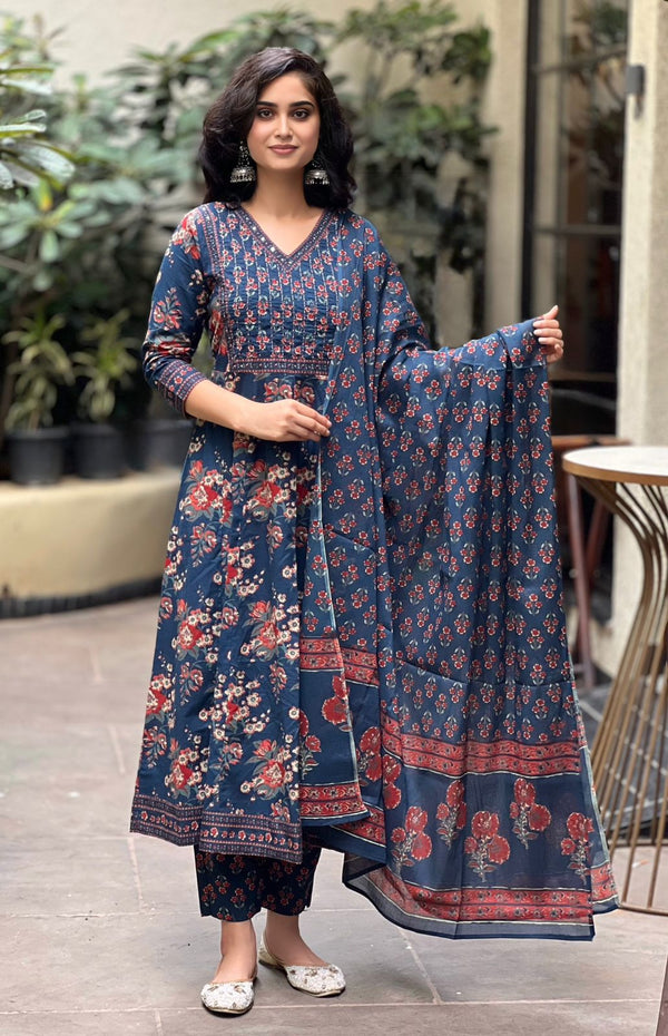 Surana blue cotton suit set  with mul cotton dupatta