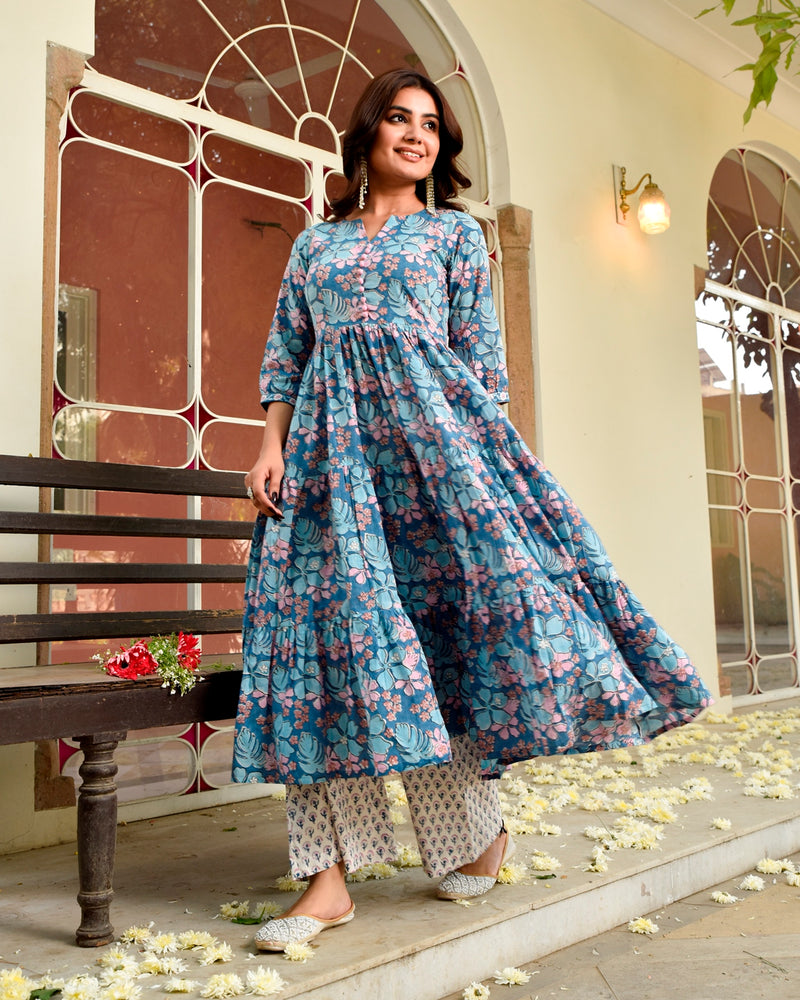 Begu Blue Floral Anarkali Suit Set