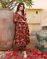 Bahni Brown Floral Print Angrakha Neck Anarkali Suit Set