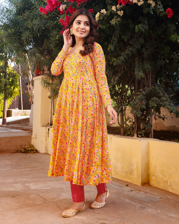 Yami Yellow Embroidered Anarkali Suit Set