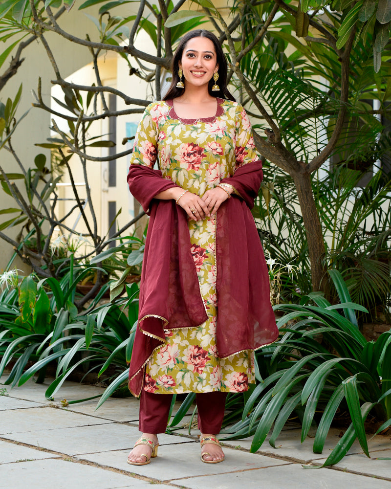 Gulbano Olive Green Floral Straight Suit Set