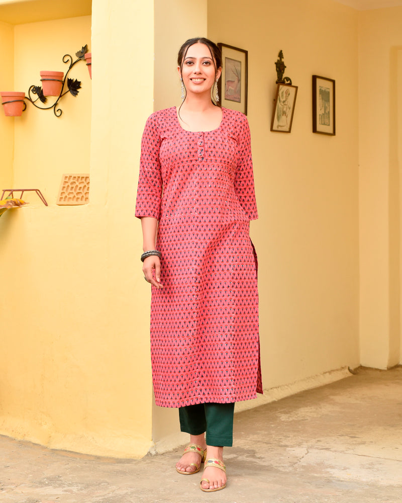 Parvin Pink Handblock Buti Print Cotton Straight Pleated Kurta