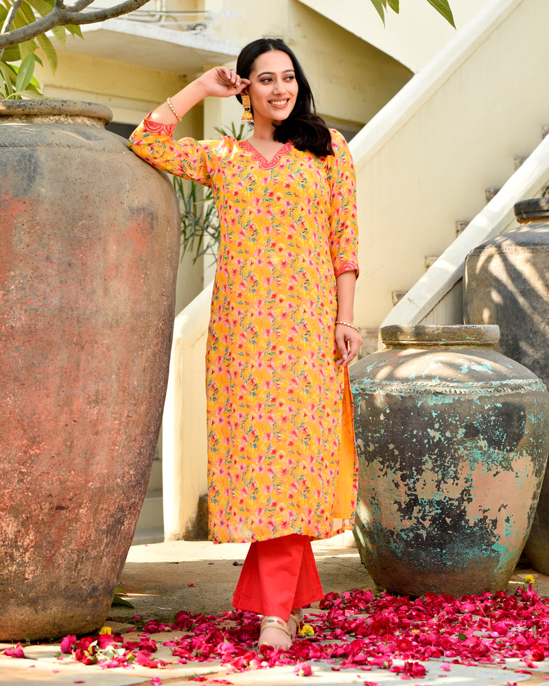 Yesha Yellow Floral Straight Fit Suit Set