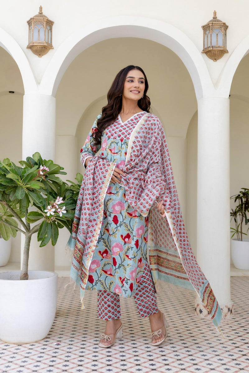 Gauri green handblock printed Cotton Lace detailing suit set with chanderi dupatta
