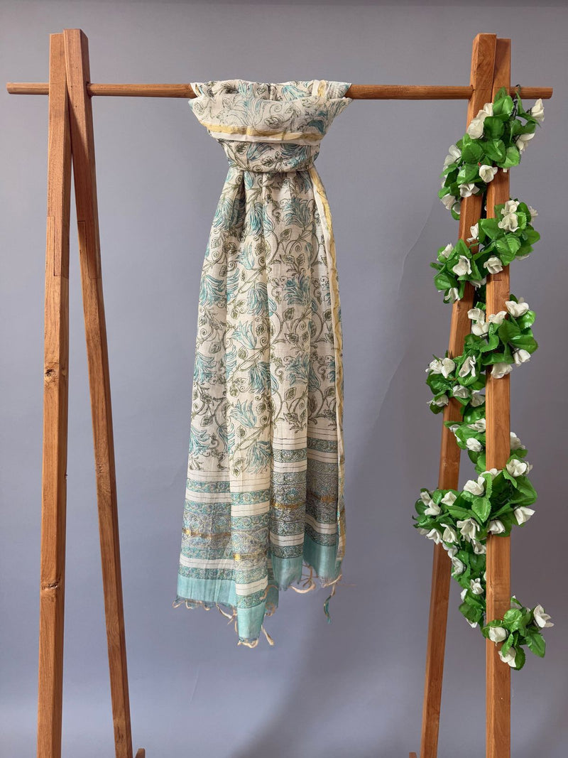 Jaal White Floral Handblock Printed Chanderi Dupatta
