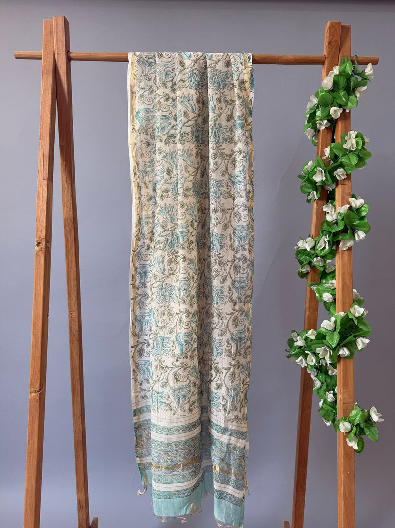 Jaal White Floral Handblock Printed Chanderi Dupatta