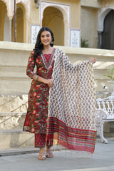 Sangria Red Handblock Printed Chanderi  Unstitched Suit Set With Chanderi Dupatta