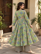Meher Sage Green Floral Printed Flared Anarkali Suit Set with Dupatta