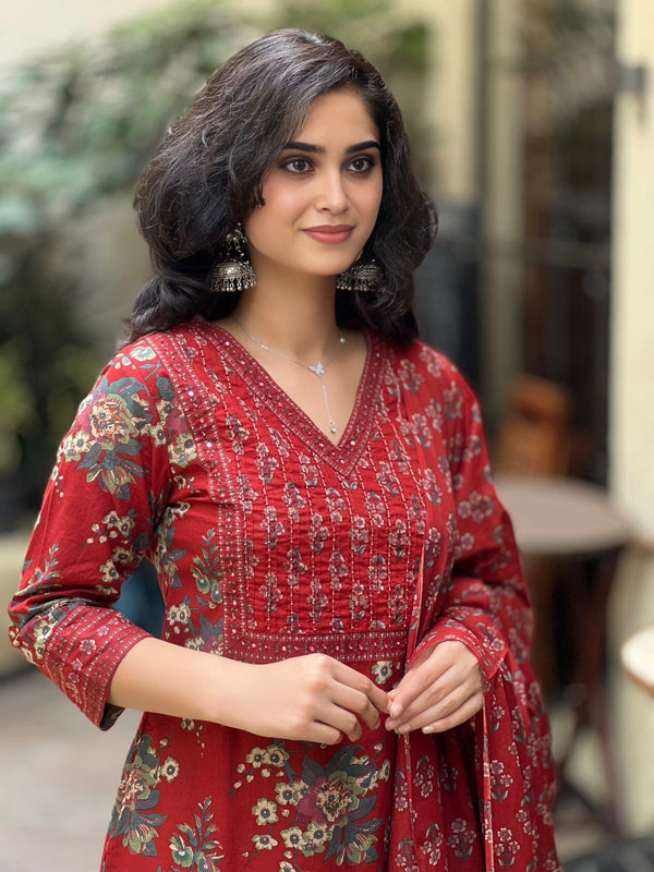 Suru red cotton straight suit set with mul cotton dupatta