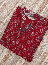 Surana red cotton suit set  with mul cotton dupatta