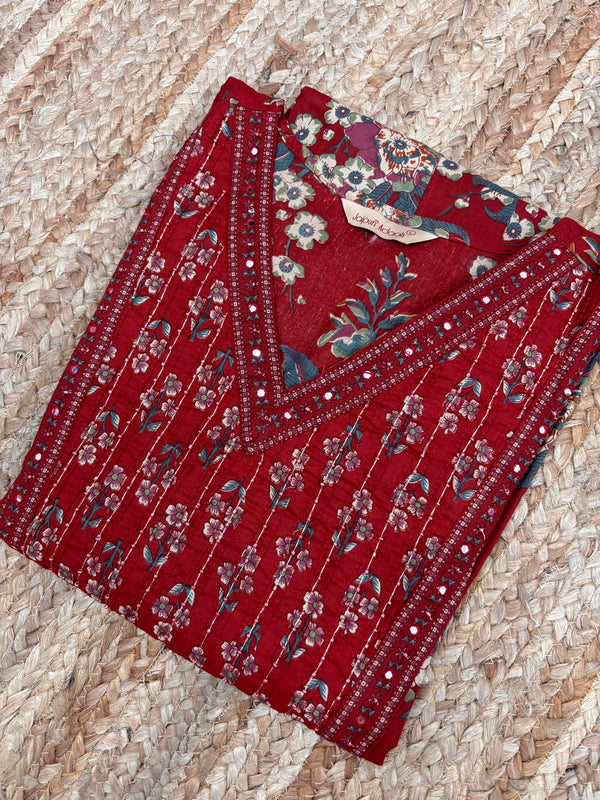 Surana red cotton suit set  with mul cotton dupatta