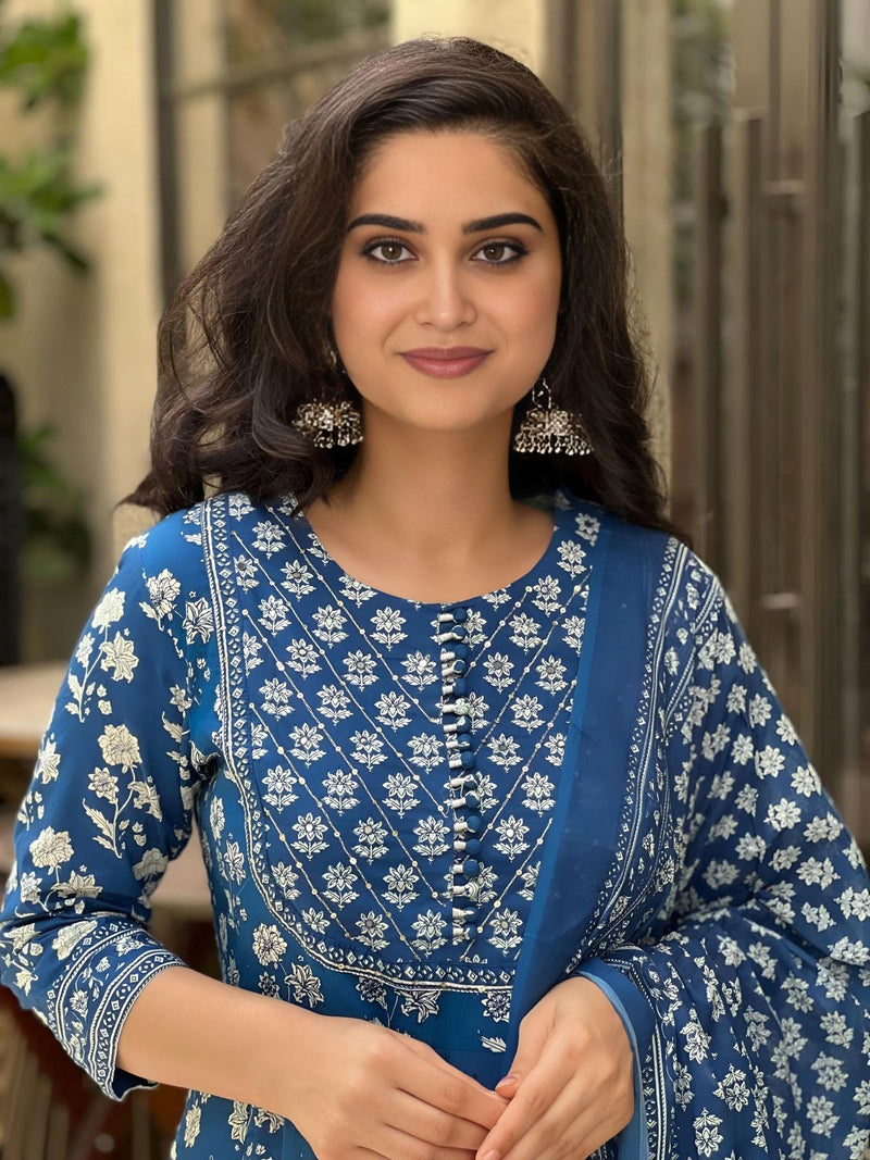 Neelkamal Indigo Anarkali Cotton Suit Set