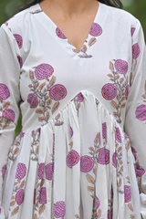 Martini purple handblock printed cotton suit set with kota doria dupatta