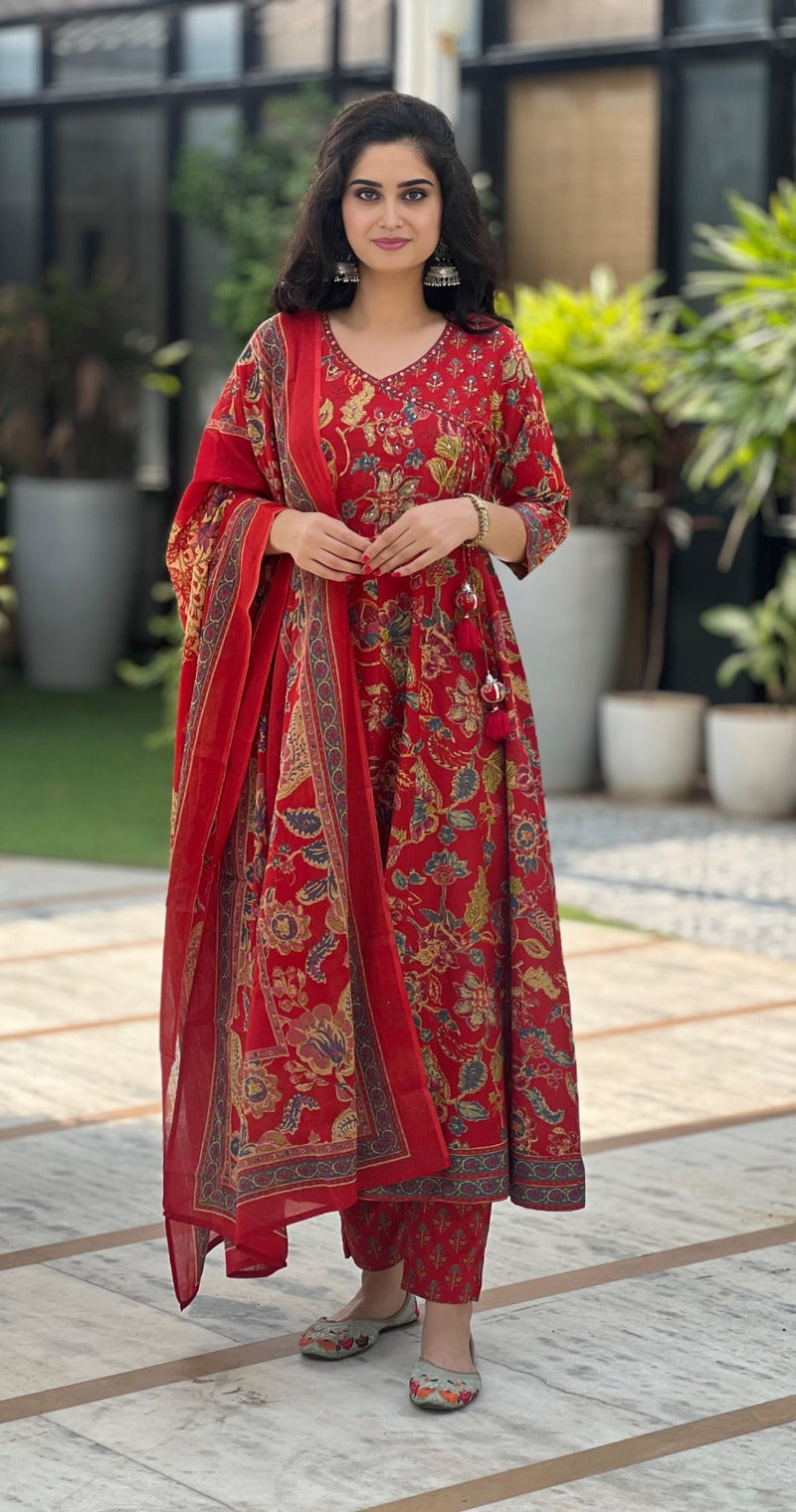 Gulbahaar Red Floral Anarkali Cotton Suit Set