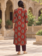 Reva Rust Red Medallion Printed Straight Cotton Suit Set with Cotton Dupatta