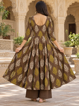 Vanika Mocha Brown Leaf  Printed Anarkali Suit Set with Cotton Dupatta