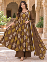 Vanika Mocha Brown Leaf  Printed Anarkali Suit Set with Cotton Dupatta