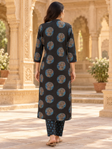Ruhani Charcoal Black Medallion Printed Straight Cotton Suit Set with Cotton Dupatta