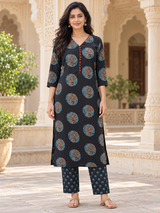 Ruhani Charcoal Black Medallion Printed Straight Cotton Suit Set with Cotton Dupatta